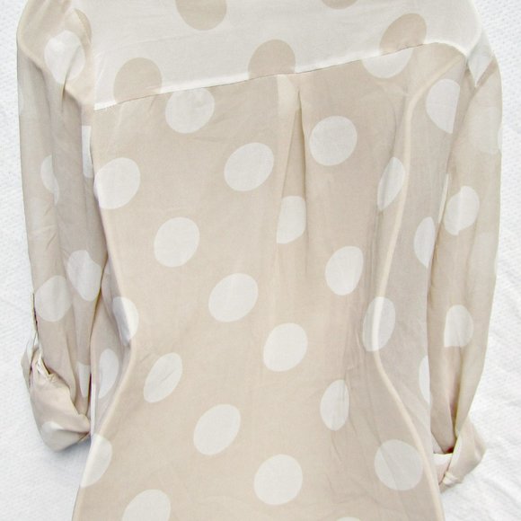 bebe Beige & Cream Sheer Polka dot Top with Button Cuffs - Size Womens Medium - Picture 4 of 6